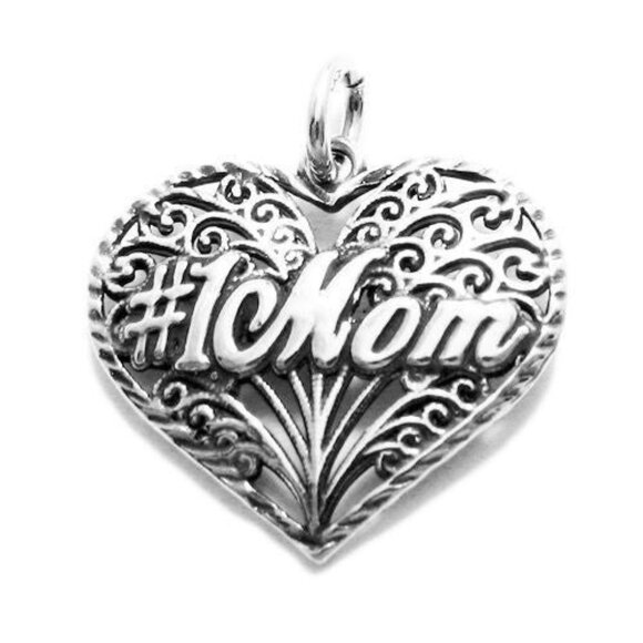 ELEGANT "#1 MOM" FILIGREED HEART CHARM IN STERLING SILVER - Picture 1 of 2